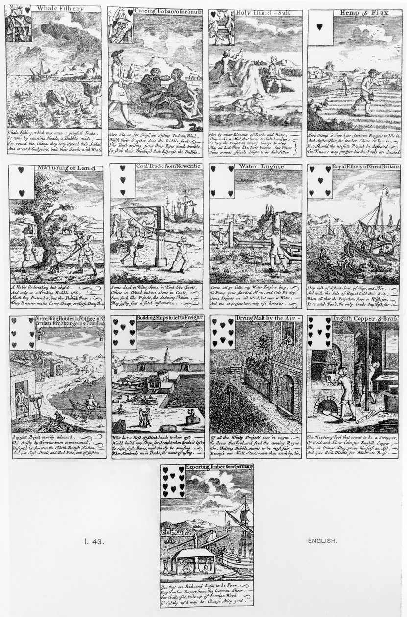 Spelkort satiriserande bubbelsatsningar, c.1720 av English School