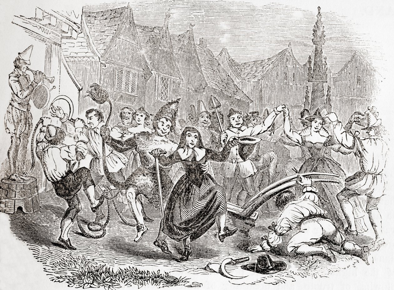 Plogmåndagsfirande, dansen av Bessie och Clownen, från Gamla England: Ett bildmuseum, pub. 1847 av English School