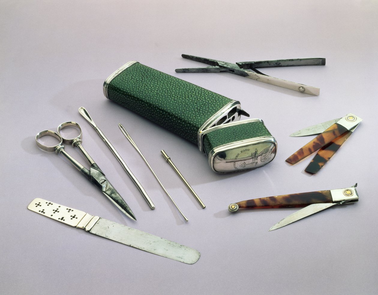 Pocket Etui, som innehåller kirurger instrument för mindre operationer (shagreen, silver, stål och sköldpaddsskal) av English School