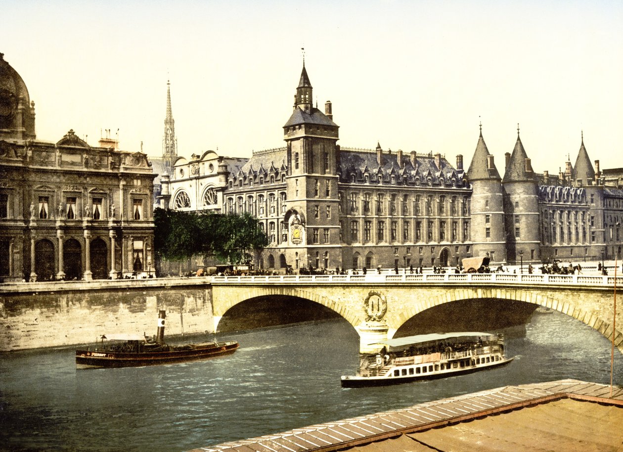 Bridge at the Change och Palais de Justice, Paris (handfärgat foto) av English School