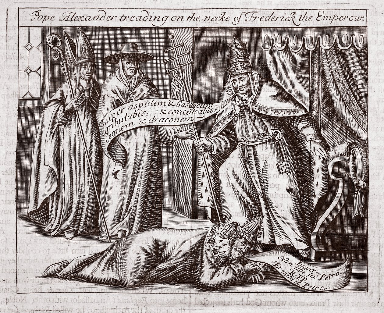 Pope Alexander trampar på halsen av kejsar Fredrik, illustration från Acts and Monuments av John Foxe, nionde upplagan, pub. 1684 av English School