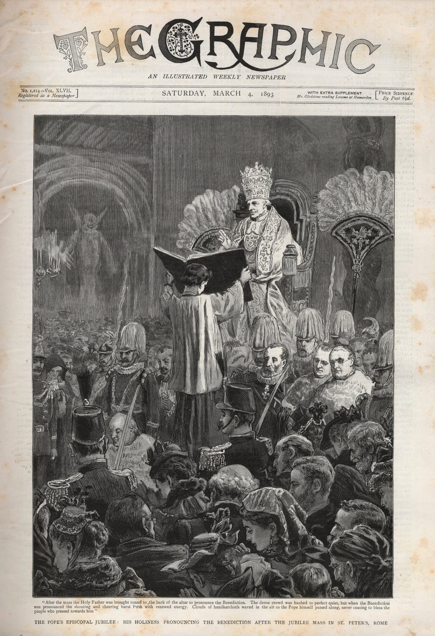 Påven Leo XIII (Leon XIII) Påvens biskopsjubileum, hans helighet uttalar välsignelsen efter jubileumsmässan i Peterskyrkan, Rom - Illustration för The Graphic, 4 mars 1893. av English School