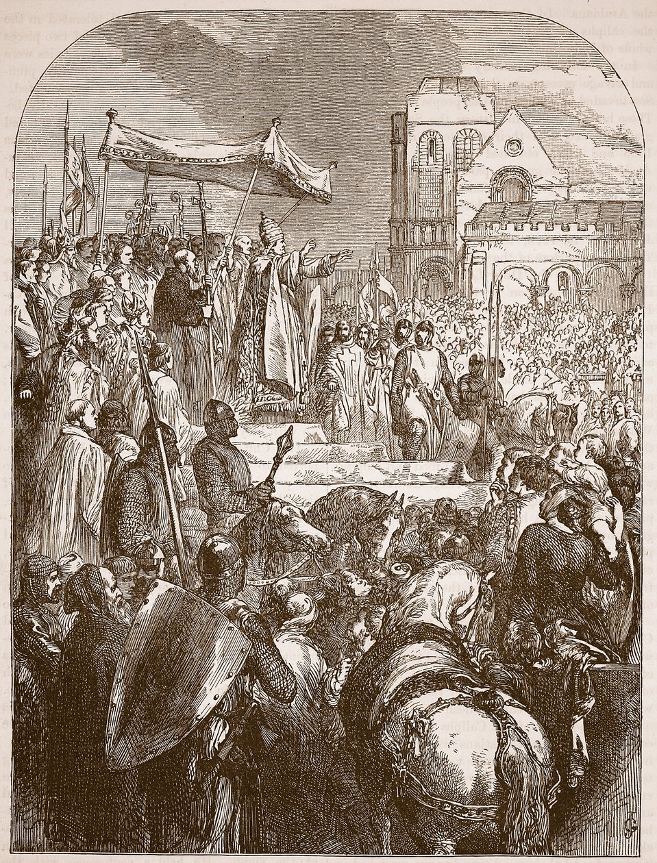 Påven Urban II predikar det första korståget på marknadsplatsen i Clermont, 1096, illustration från Cassells Illustrated History of England (sepiafoto) av English School