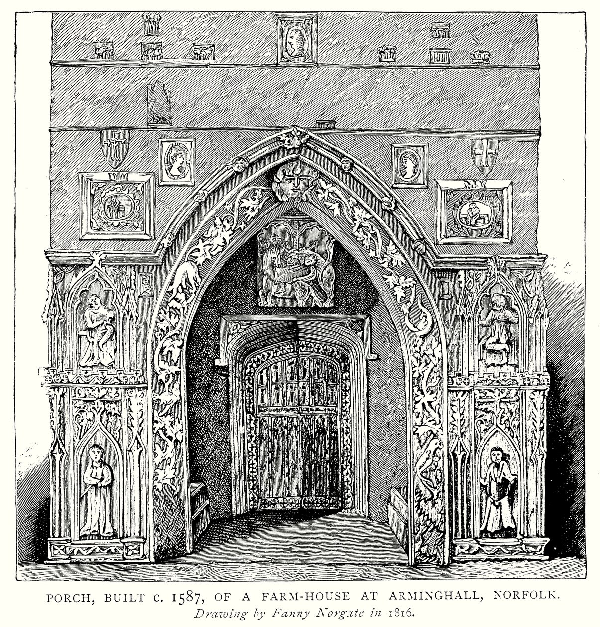 Veranda, byggd ca 1587, till ett gårdshus i Arminghall, Norfolk (gravyr) av English School