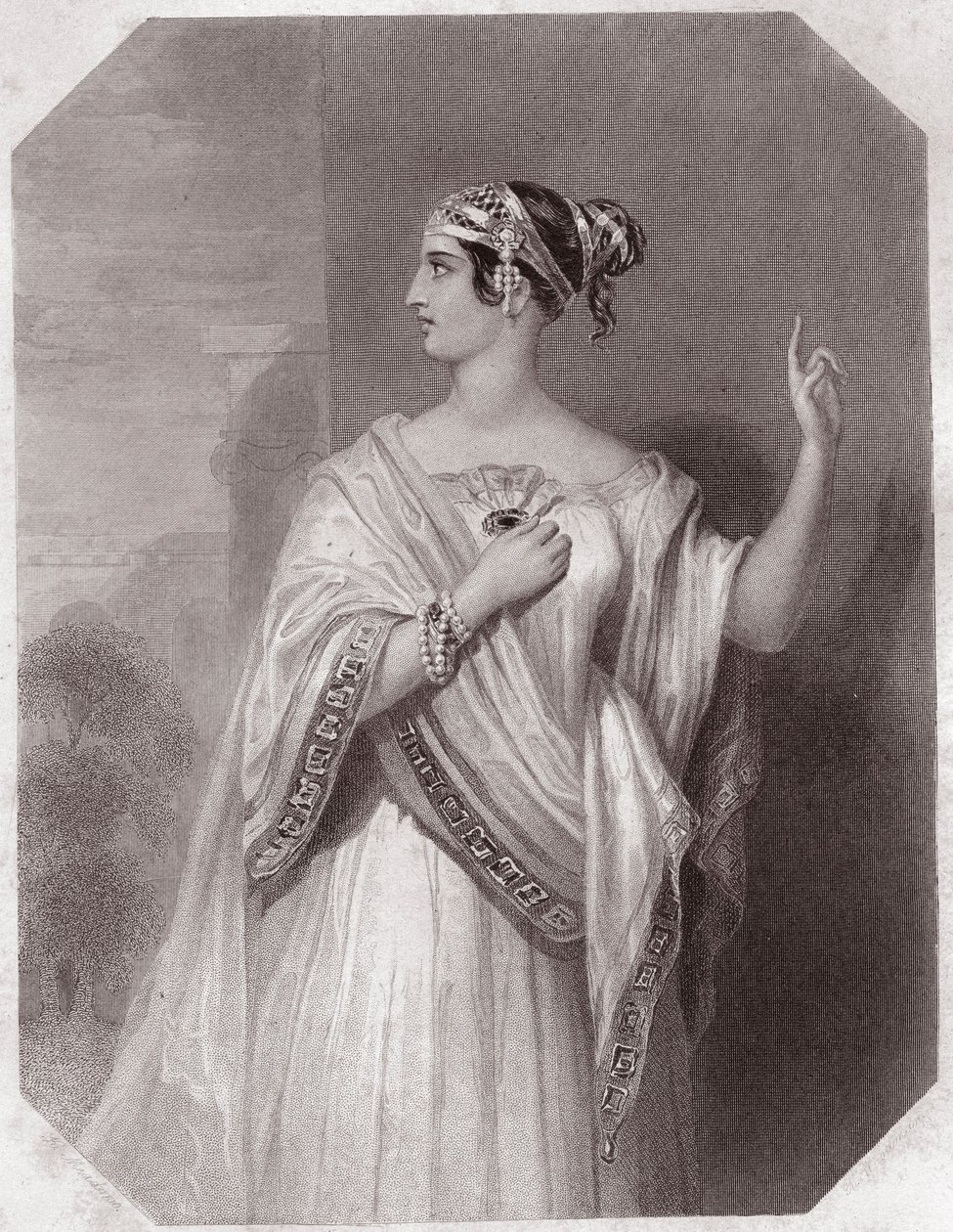 Porcia fru till Brutus (Portia Wife of Brutus) (Jules Cesar - The Tragedy of Julius Caesar) i - "" Galerie des femmes de Shakespeare, samling av fyrtiofem allvarliga porträtt av de tidiga Londonkonstnärerna, berikade med kritiska och litterära notiser" ””  av English School