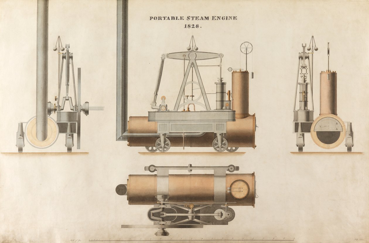 Bärbar ångmaskin, designad av Maudsley, Sons & Field, 1828 (penna & bläck och wc på papper) av English School