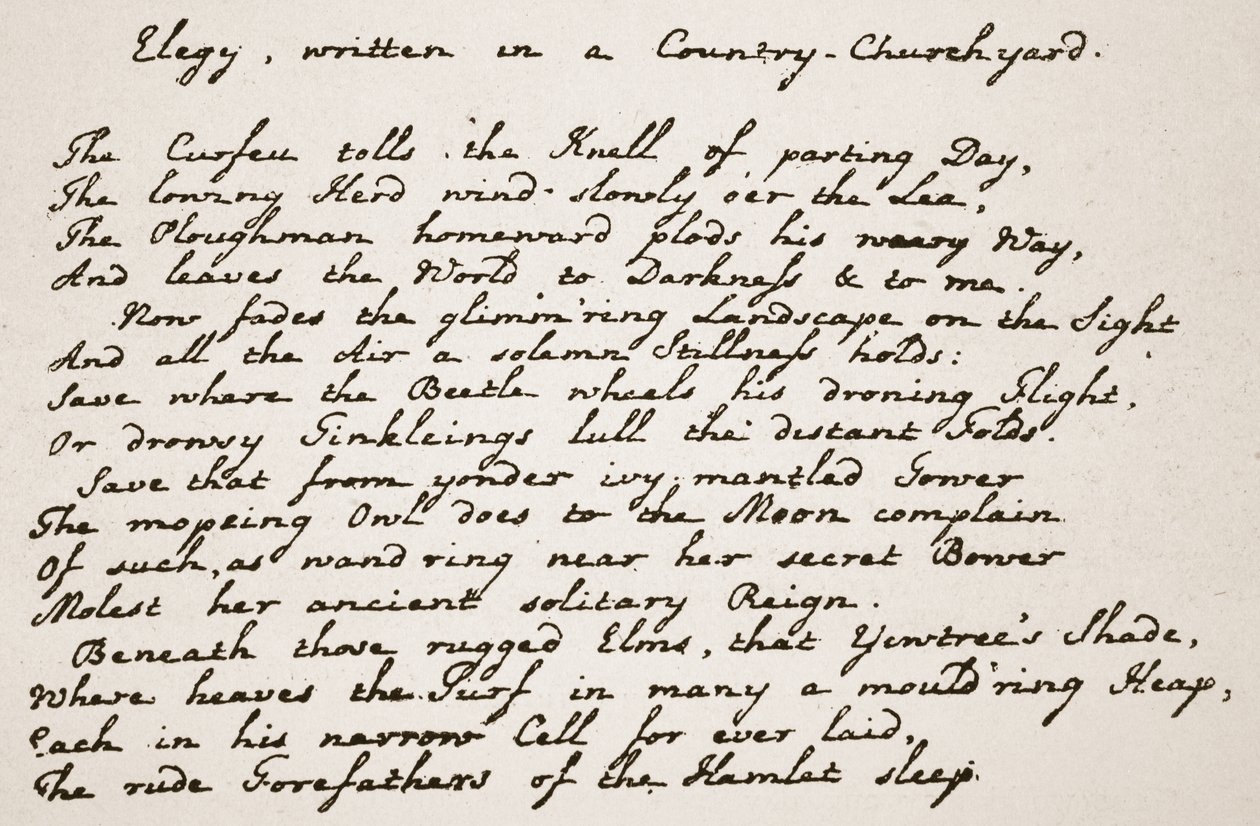 Portion of Greys Elegy, i poeternas handstil, illustration från The Church of England: A History for the People av H.D.M. Spence-Jones, pub. ca 1910 (sepiafoto) av English School