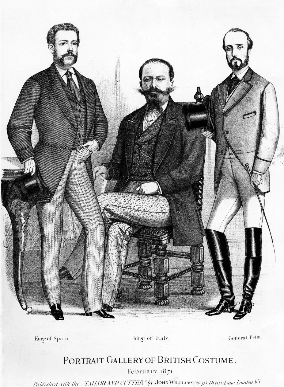 Portrait Gallery of British Costume, presenterar kungarna av Spanien och Italien och General Prim, publicerad med Tailor and Cutter, 1871 av English School