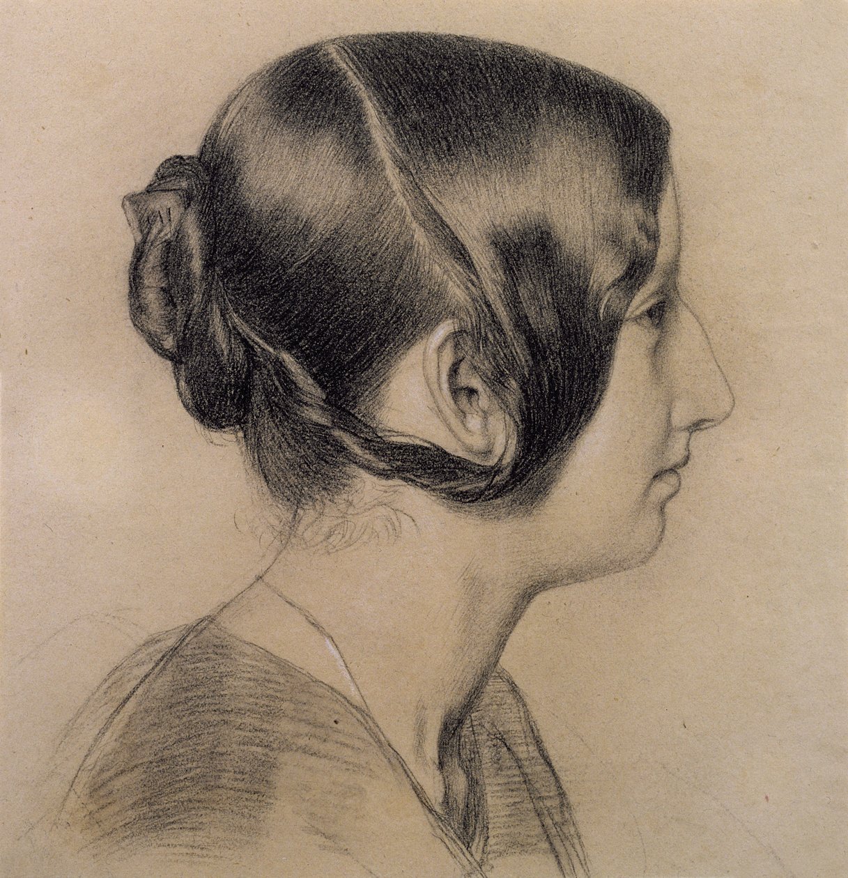 Porträttprofil av en ung dam, ca 1840 (färgade kritor på papper) av English School