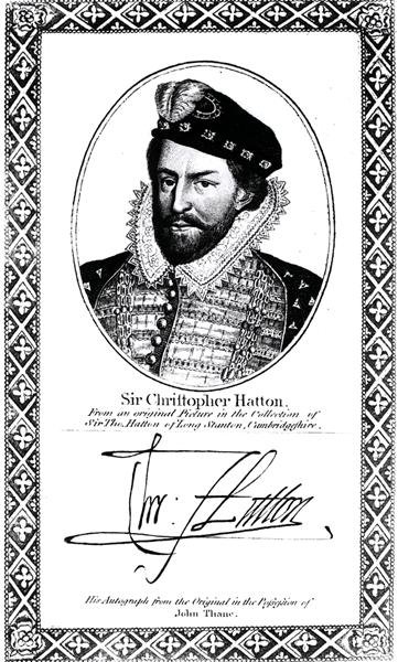 Porträtt och signatur av Sir Christopher Hatton (1540-91) av English School