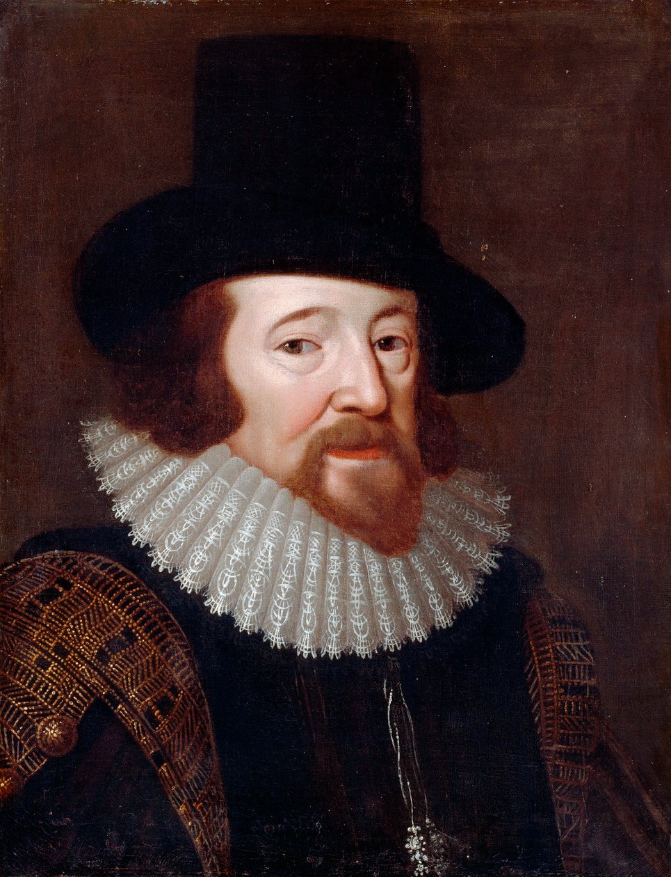 ""Porträtt av Francis Bacon (1561-1626), engelsk statsman och filosof"" Anonym målning omkring 1622 - Olja på duk Dim 61x47 cm av English School
