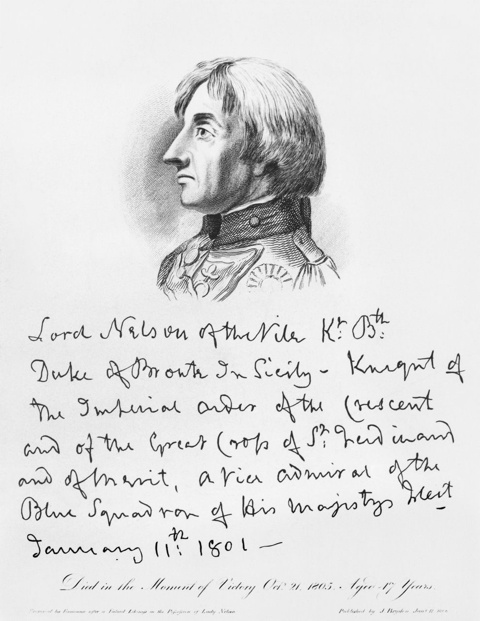 Porträtt av amiral Horatio Nelson med sin handstil av English School