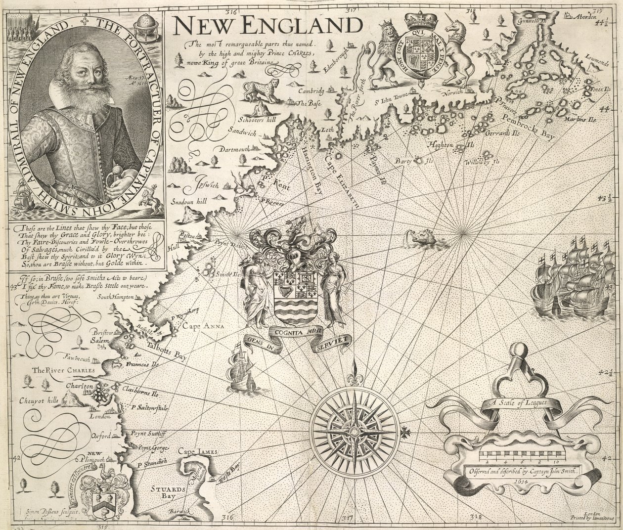 Porträtt av kapten John Smith. En bild av New Englands kust, i "A Description of New England: or the Observations...", av John Smith av English School