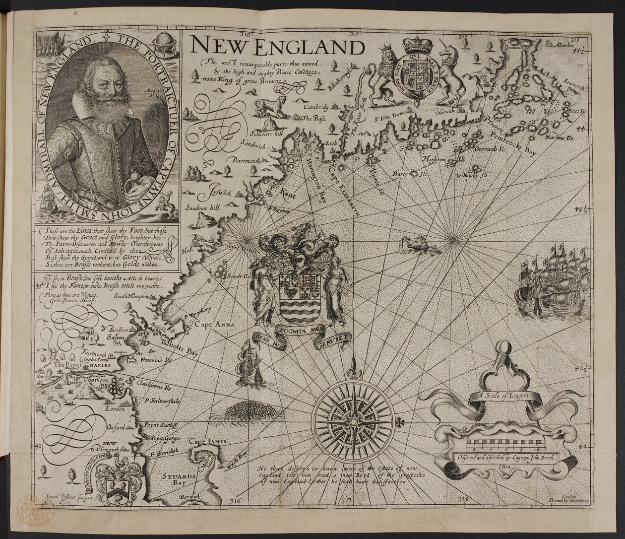 Porträtt av kapten John Smith. En bild av New Englands kust, i "A Description of New England: or the Observations...", av John Smith av English School
