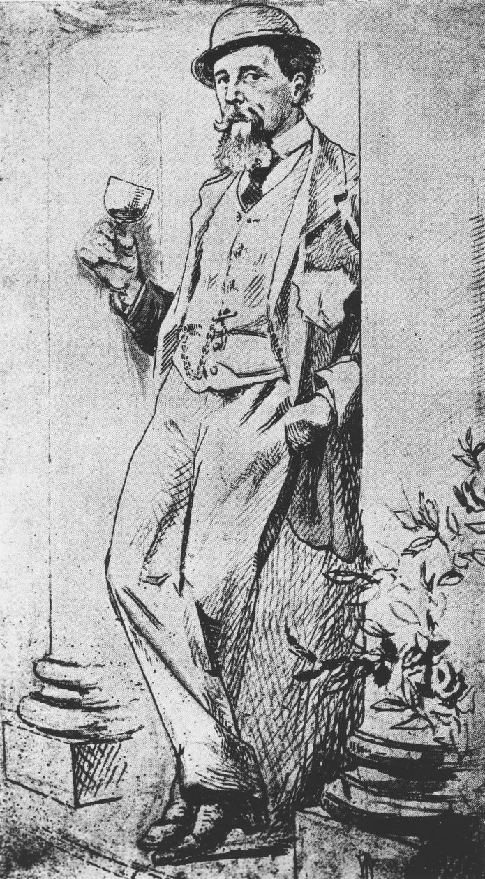 Porträtt av Charles Dickens (1812-70), från Drinking with Dickens skriven av Cedric Charles Dickens av English School