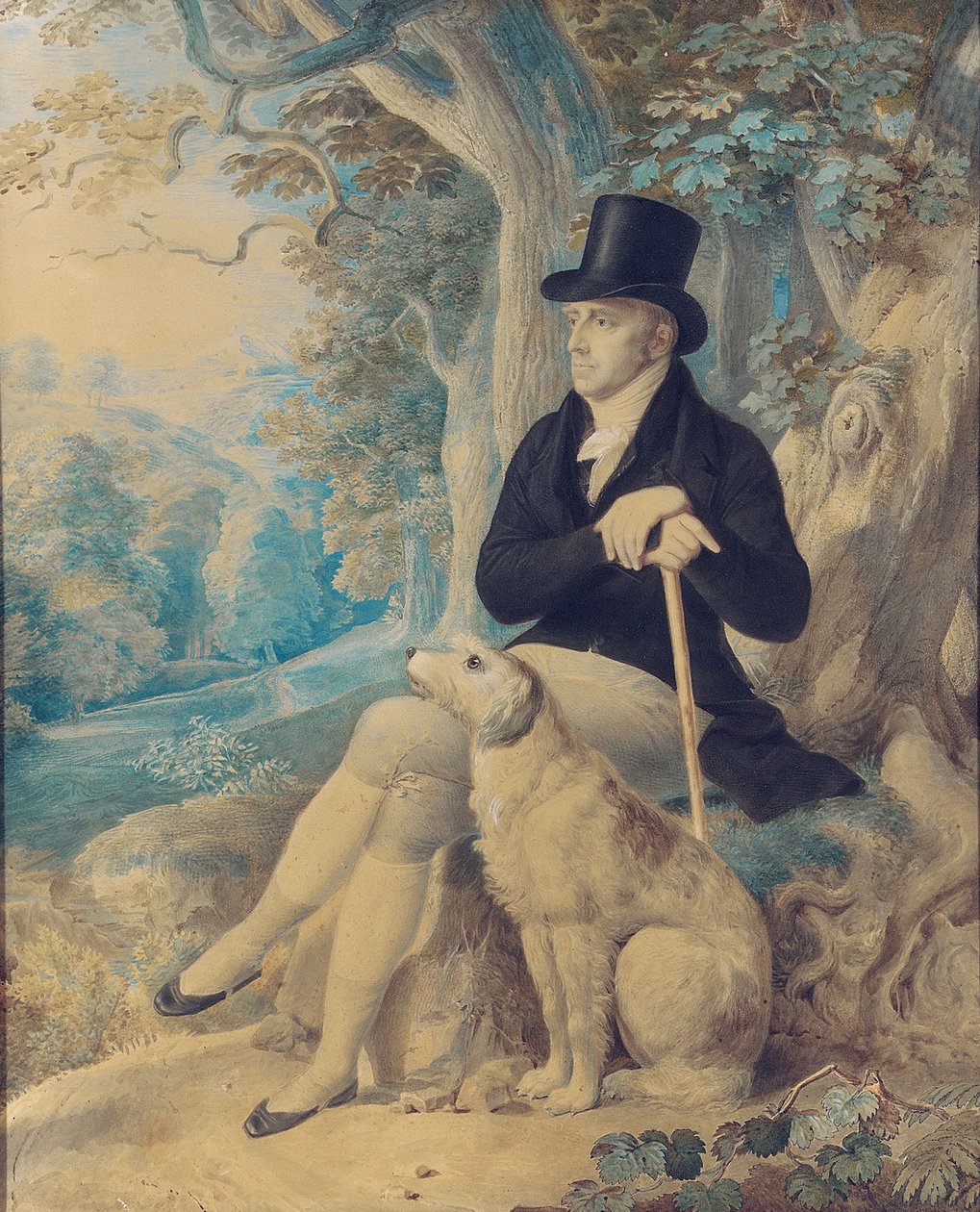 Porträtt av Charles Lee, rektor i Wootton, full längd, med en hund, i Wootton Park, Oxfordshire, 1861 av English School
