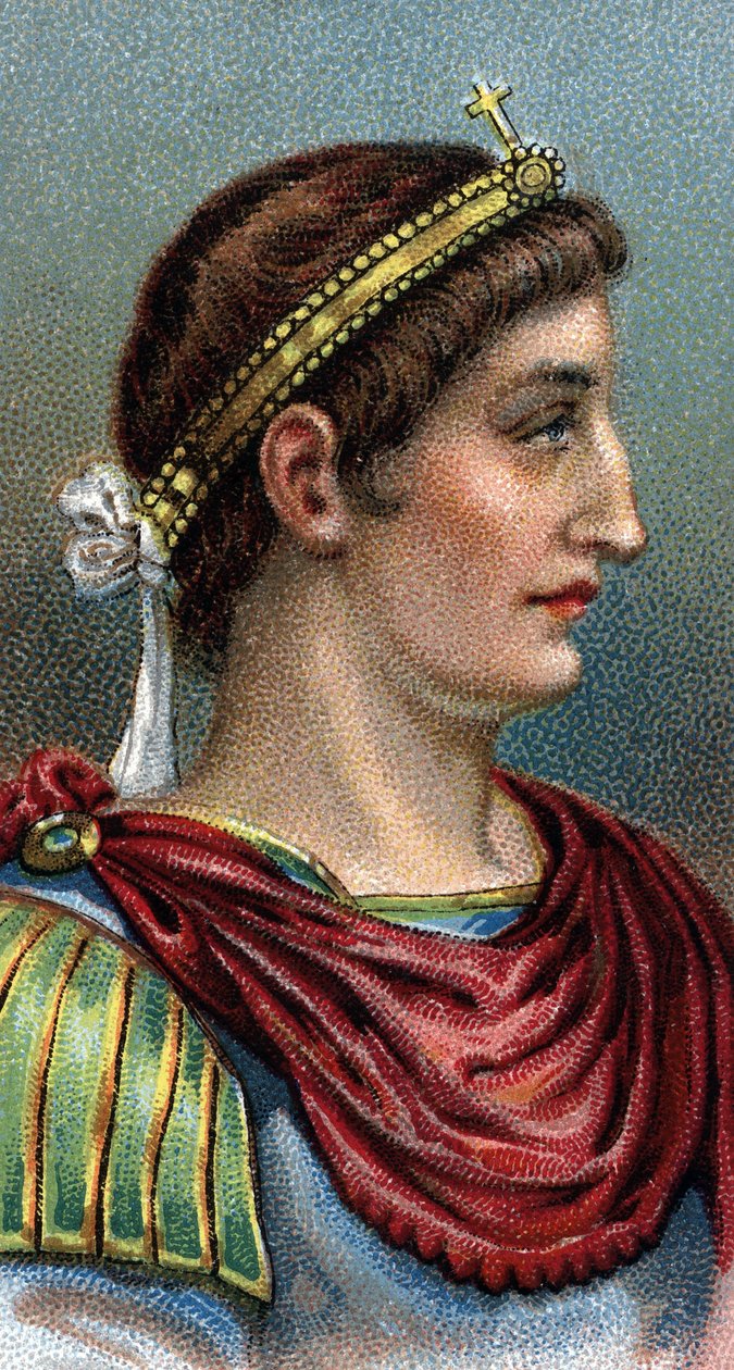 Porträtt av Konstantin den store (Konstantin I den store, 270-337) - Från serien "" Leaders of Men"" - Kromolitografi - Engelska skolan, 1900-talet - av English School