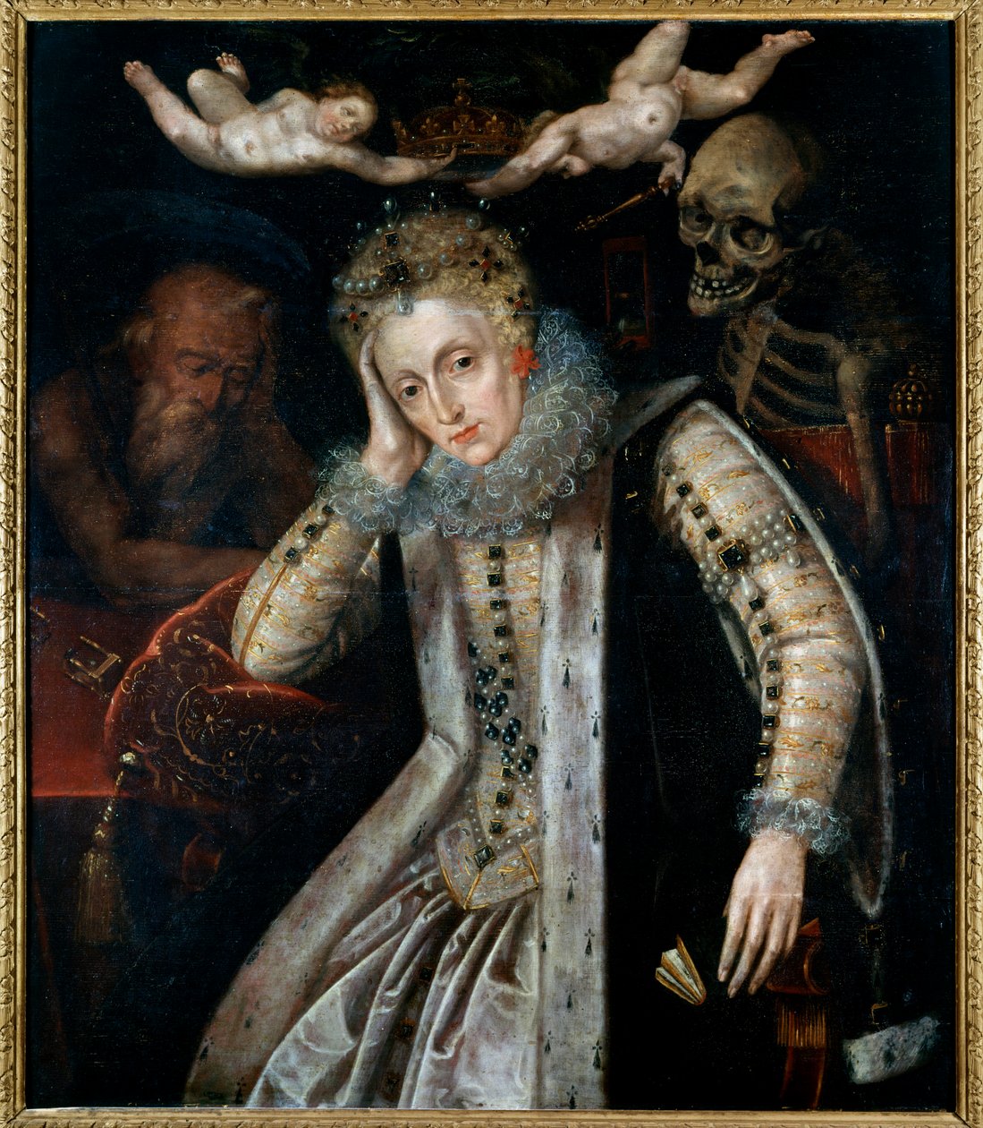Porträtt av Elisabeth Iere, drottning av England (1533 - 1603), mot slutet av hennes liv. Målning av Engelska skolan av English School