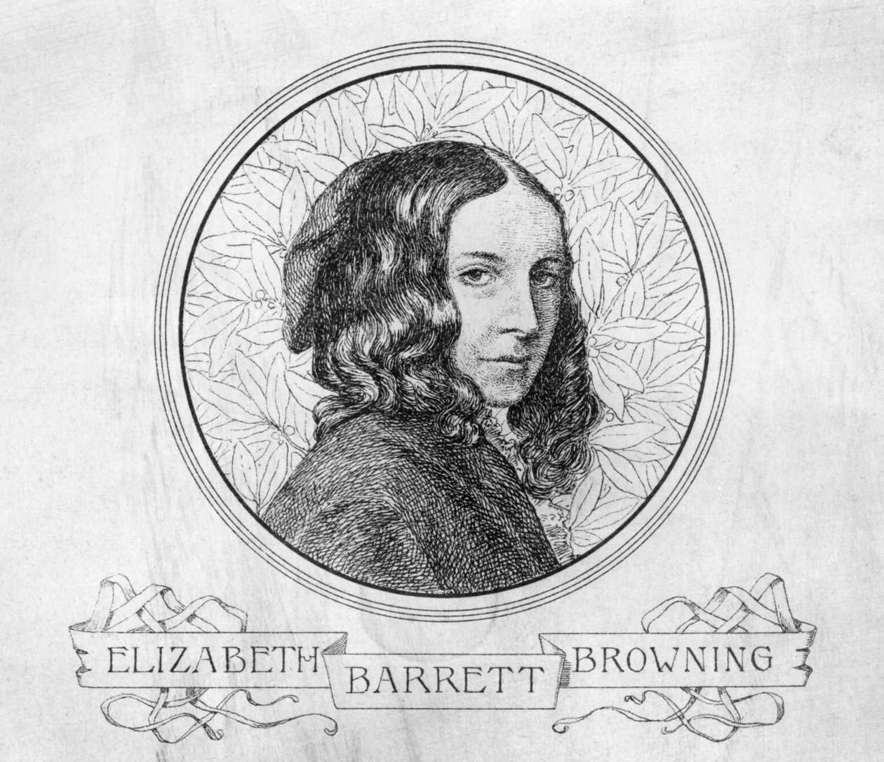 Porträtt av Elizabeth Barrett Browning (1806-61) (gravyr) (svartvitt foto) av English School
