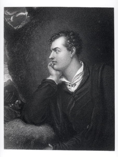 Porträtt av George Gordon, 6:e Lord Byron av Rochdale (1788-1824) (gravyr) (s/v foto) av English School