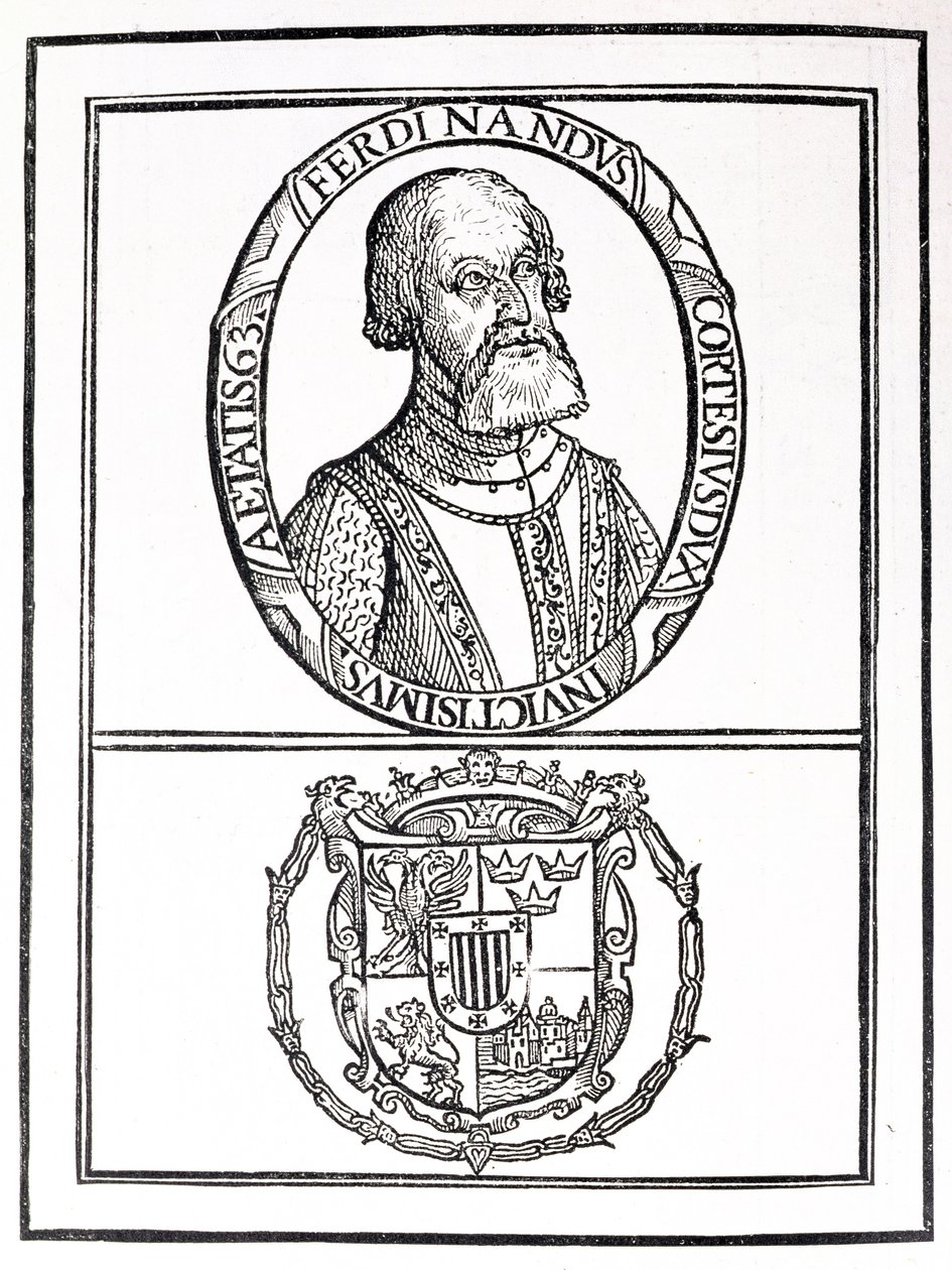 Porträtt av Hernan Cortes (1485-1547) och hans armar, från 