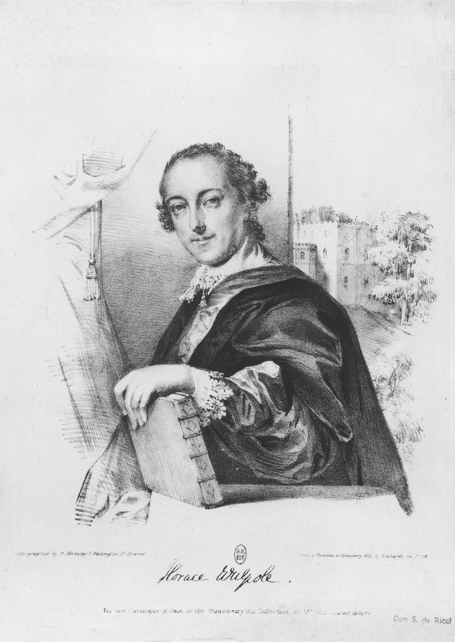 Porträtt av Horace Walpole (1717-97) greve av Orford, graverad av G. Madeley, 1754 (gravyr) (bw foto) av English School