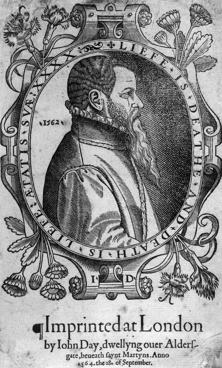 Porträtt av John Day, frontispice till Foxes Book of Martyrs, 1564 av English School