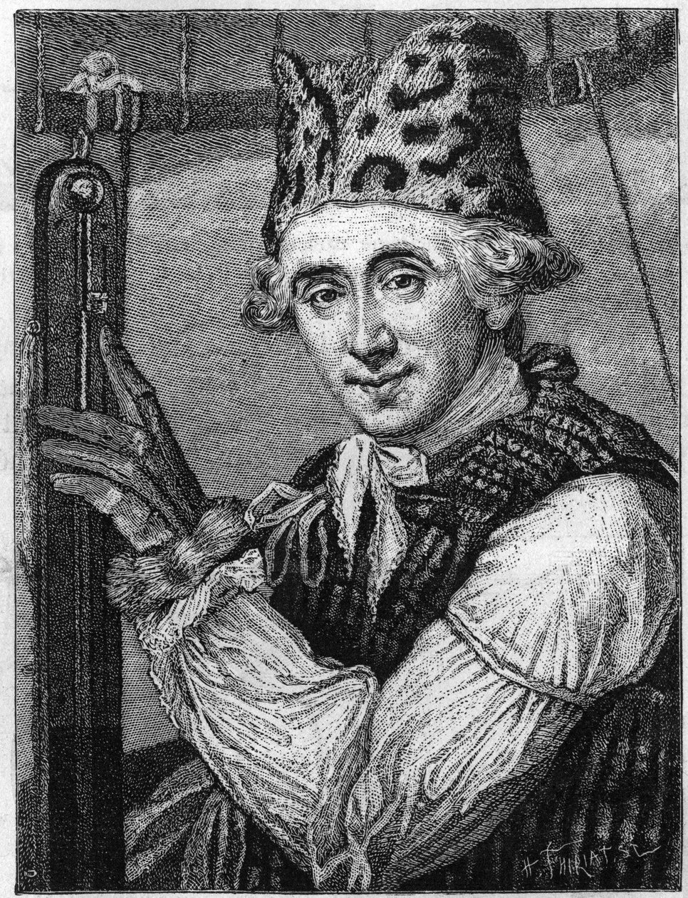 Porträtt av John Jeffries (1745-1819), amerikansk fysiker. Han var representerad i flygdräkten han bar 1785 när han korsade kanalen i en luftballong. (Ur en engelsk gravyr, utgiven 1786). (Tissandier Collection). Gravyr i "" av English School