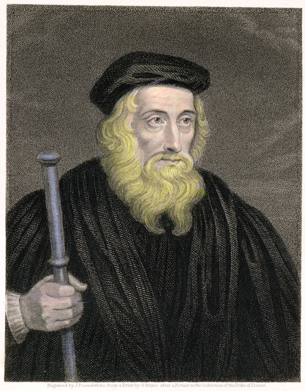 Porträtt av John Wycliffe (c.1330-84) graverad av James Posselwhite (1798-1884) efter ett tryck av G. White, pub. av William Mackenzie av English School