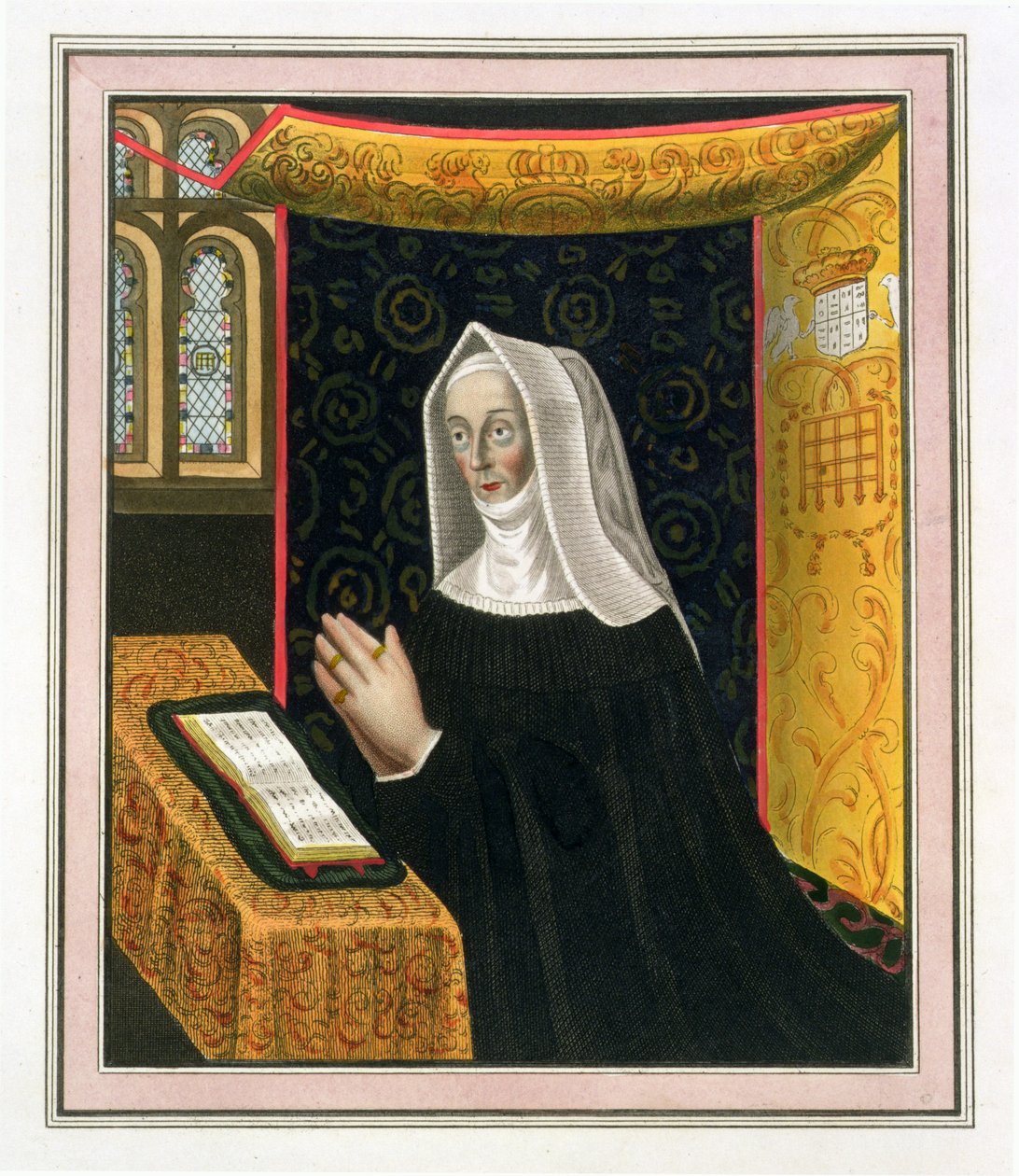 Porträtt av Margaret Beaufort, grevinna av Richmond och Derby (1443-1509), grundare av St. Johns College, Cambridge, från The History of Cambridge, pub. av R. Ackermann, 1815 (färgakvatint) av English School