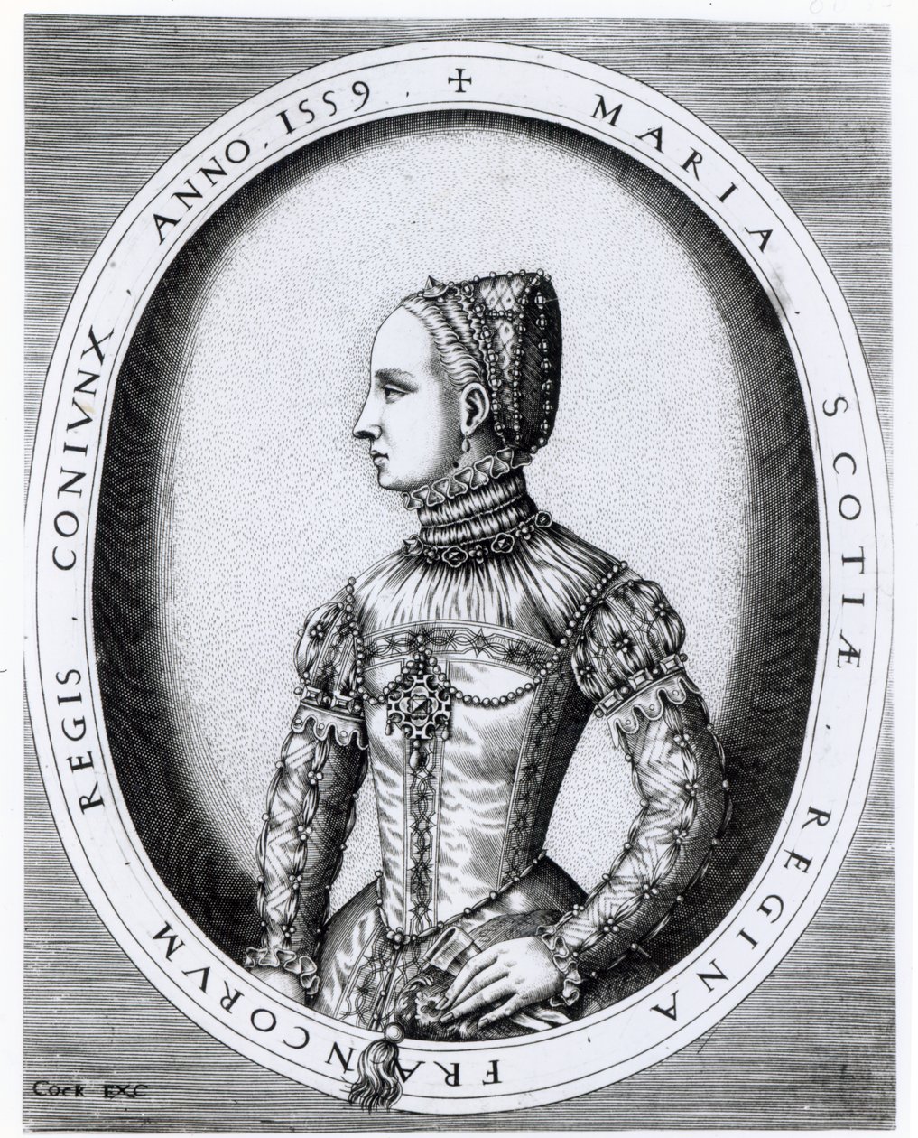 Porträtt av Mary Queen of Scots (1542-87) graverad av Hieronymus Cock (ca 1510-70) 1559 av English School