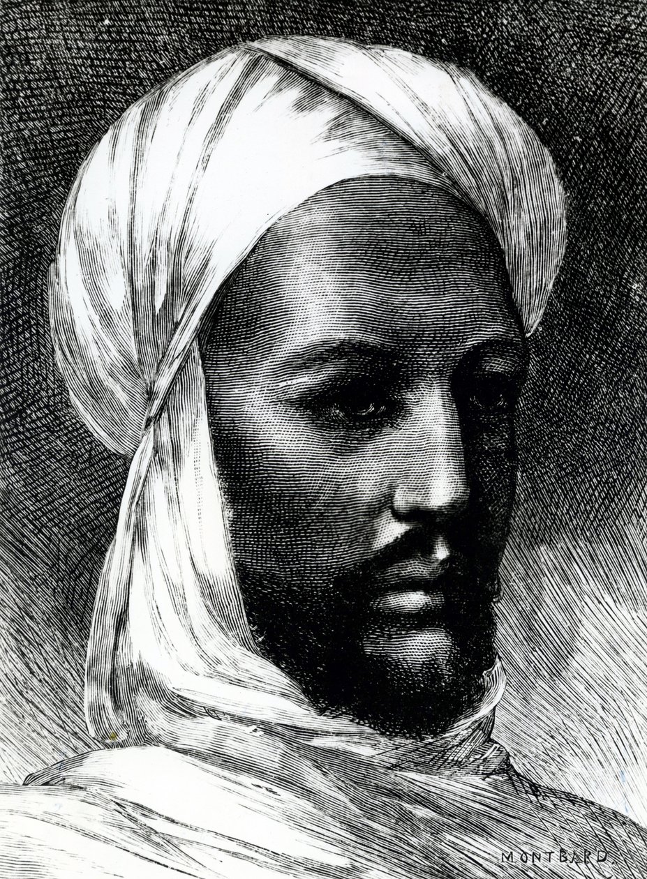 Porträtt av Muhammad Ahmad (1844-1885), känd som Mahdi, ledare för dervischer i krig mot britterna 1884, koloniala krig, Sudan av English School