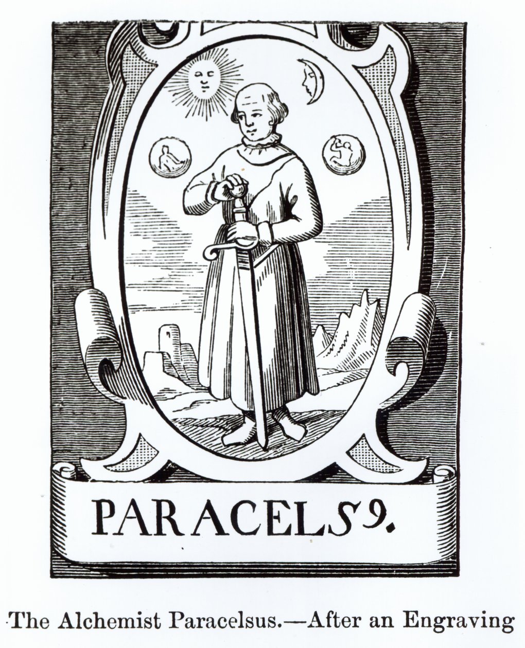 Porträtt av Paracelsus (Philippus Aureolus Theophrastus) (1493-1541), illustration från vetenskap och litteratur under medeltiden och renässansen, skriven och graverad av Paul Lacroix, 1878 (woodc av English School