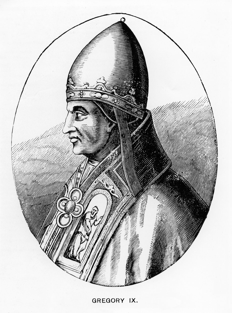 Porträtt av påven Gregorius IX (ca 1170-1241) illustration från "Science and Literature in the Middle Ages and the Renaissance", skriven och graverad av Paul Lacroix, 1878 av English School