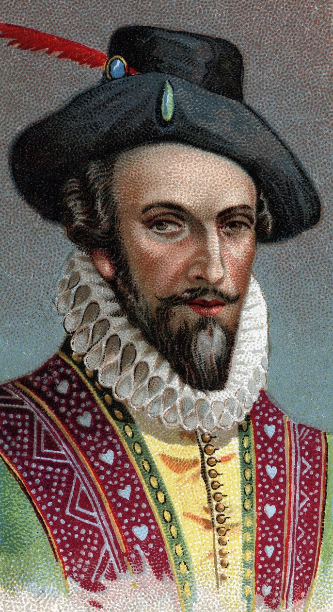 Porträtt av Raleigh, Sir Walter (1554-1618). Engelsk sjöman, upptäcktsresande och mäklare - Från serien "" Leaders of Men"" - Kromolitografi - Engelska skolan, 1900-talet - av English School