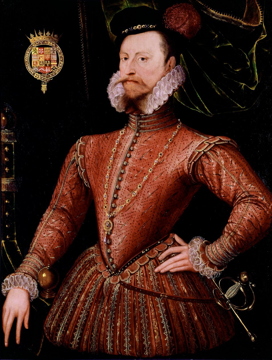 Porträtt av Robert Dudley, Earl of Leicester (1532-1588) favorit av Elisabeth Iere Anonym målning av Engelska skolan. 1500-talet. Sön 1,08x0,82 m London, Nationellt porträttgalleri av English School