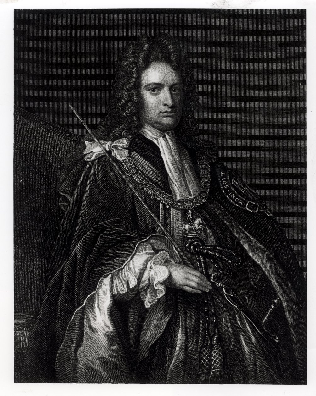 Porträtt av Robert Harley, förste earl av Oxford (1671-1724) (gravyr) (bw foto) av English School