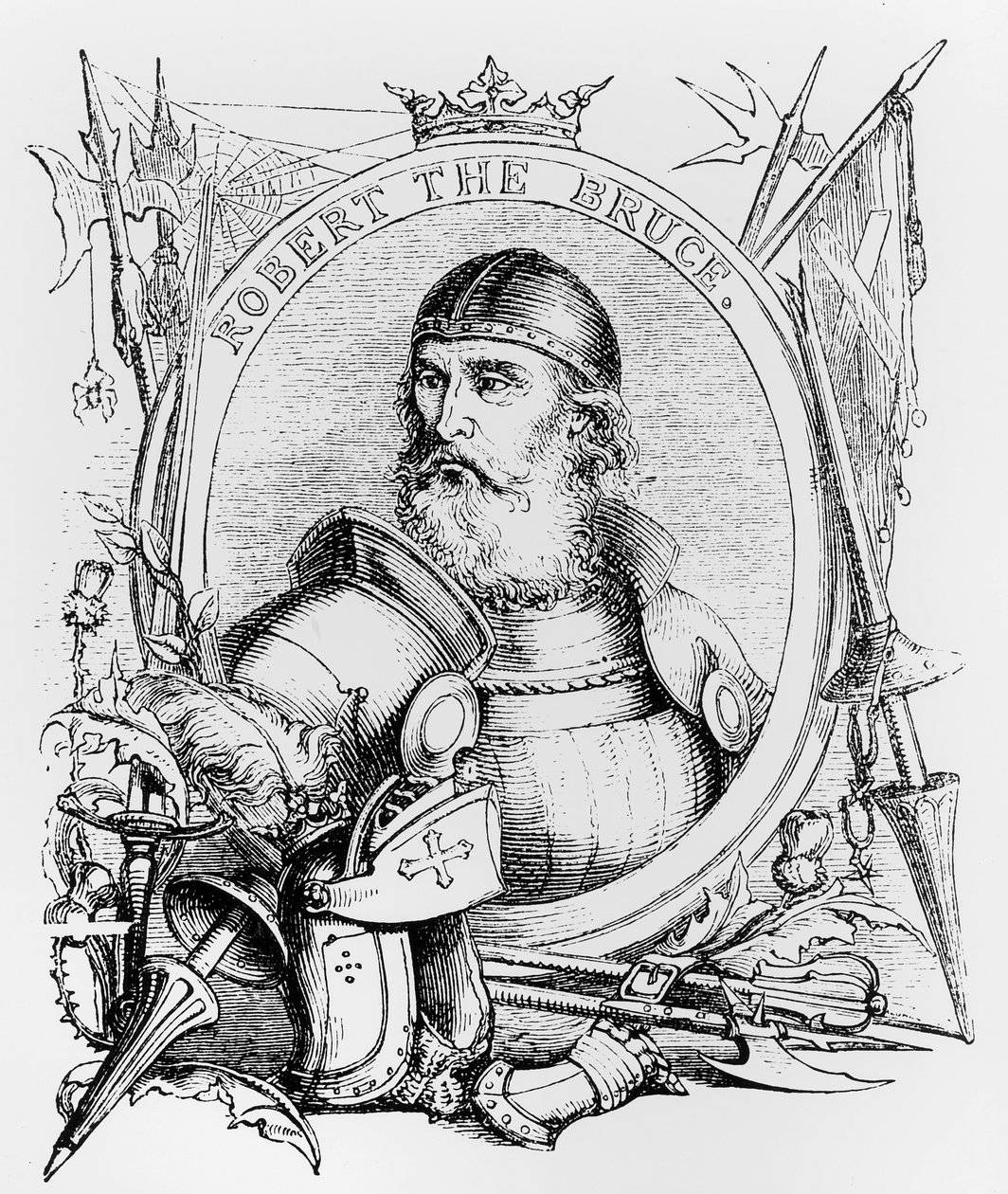 Porträtt av Robert the Bruce (1274-1329) (gravyr) (bw foto) av English School