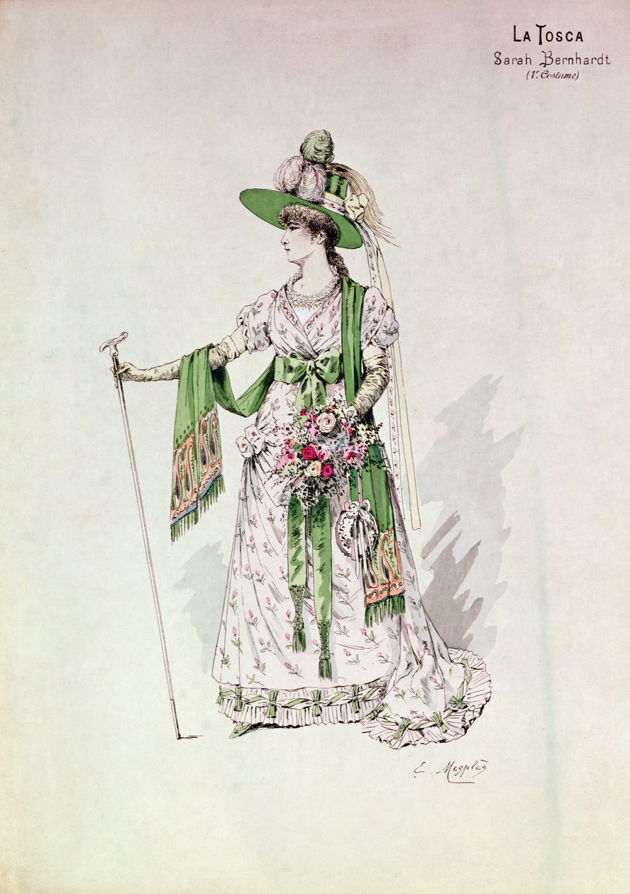 Porträtt av Sarah Bernhardt (1844-1923) i en produktion av "La Tosca" av Victorien Sardou (1831-1908) på Lyceum, 9 juli 1888 (färgad gravyr) av English School