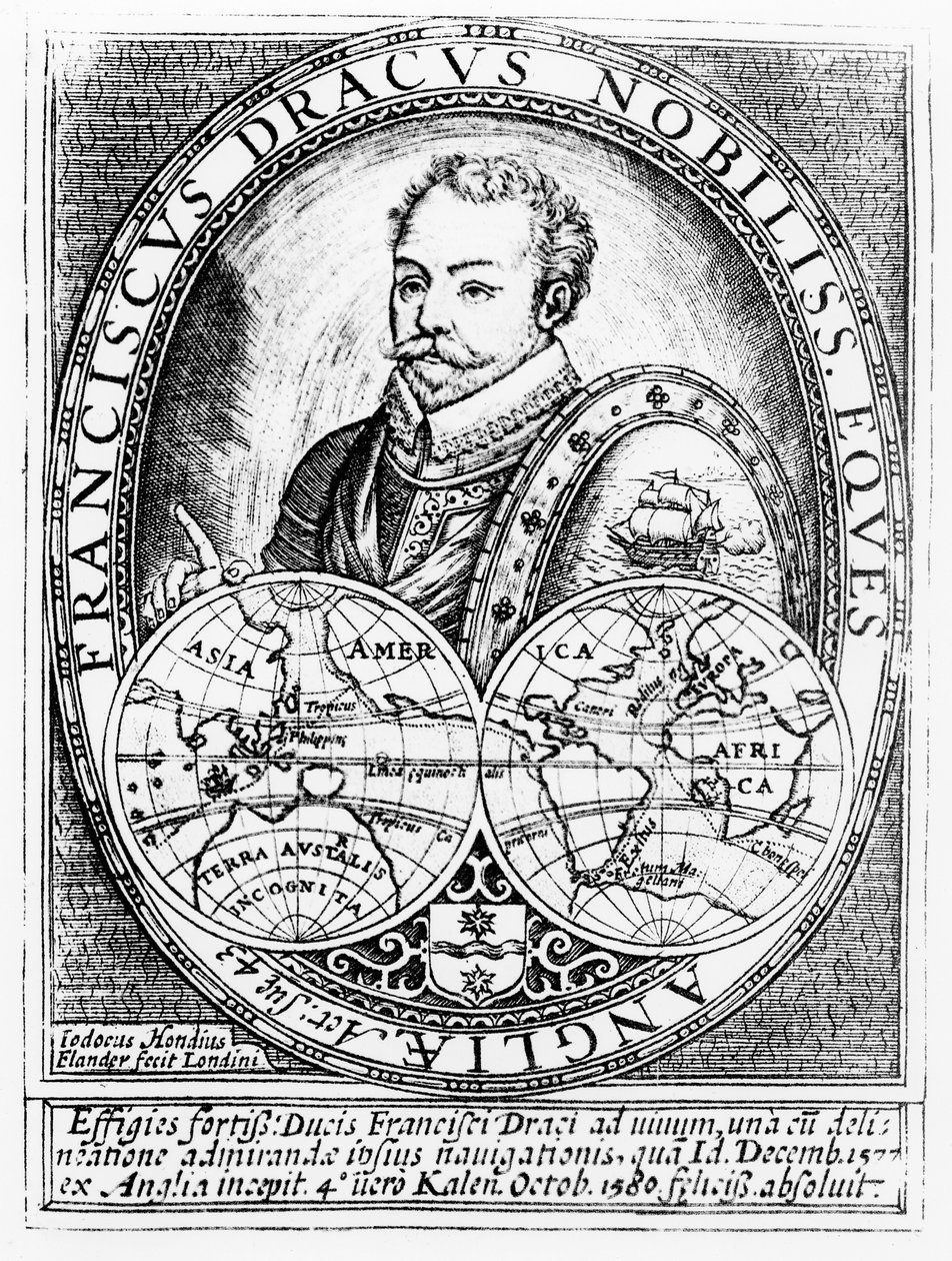 Porträtt av Sir Francis Drake (ca 1540-96) vid 43 års ålder, graverad av Jodocus Hondius (1567-1611) av English School