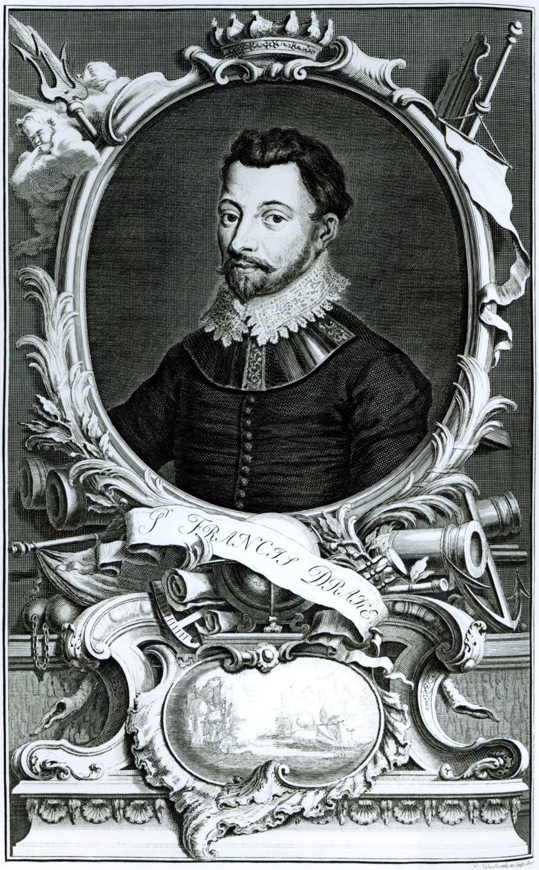 Porträtt av Sir Francis Drake (ca 1540-96) graverad av Jacobus Houbraken (1698-1780) (gravyr) (bw foto) av English School