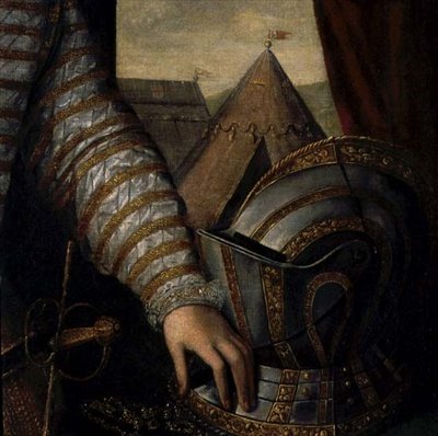 Porträtt av Sir Robert Dudley, greve av Leicester (ca 1532-88) 1500-tal (olja på duk) (detalj) av English School