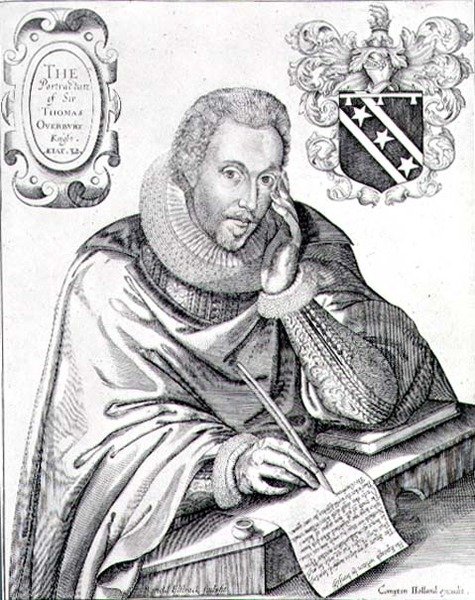 Porträtt av Sir Thomas Overbury (1581-1613) som skriver ut sitt epitafium, graverat av Renold Elstrack (1571-c.1630) 1613 (gravyr) av English School