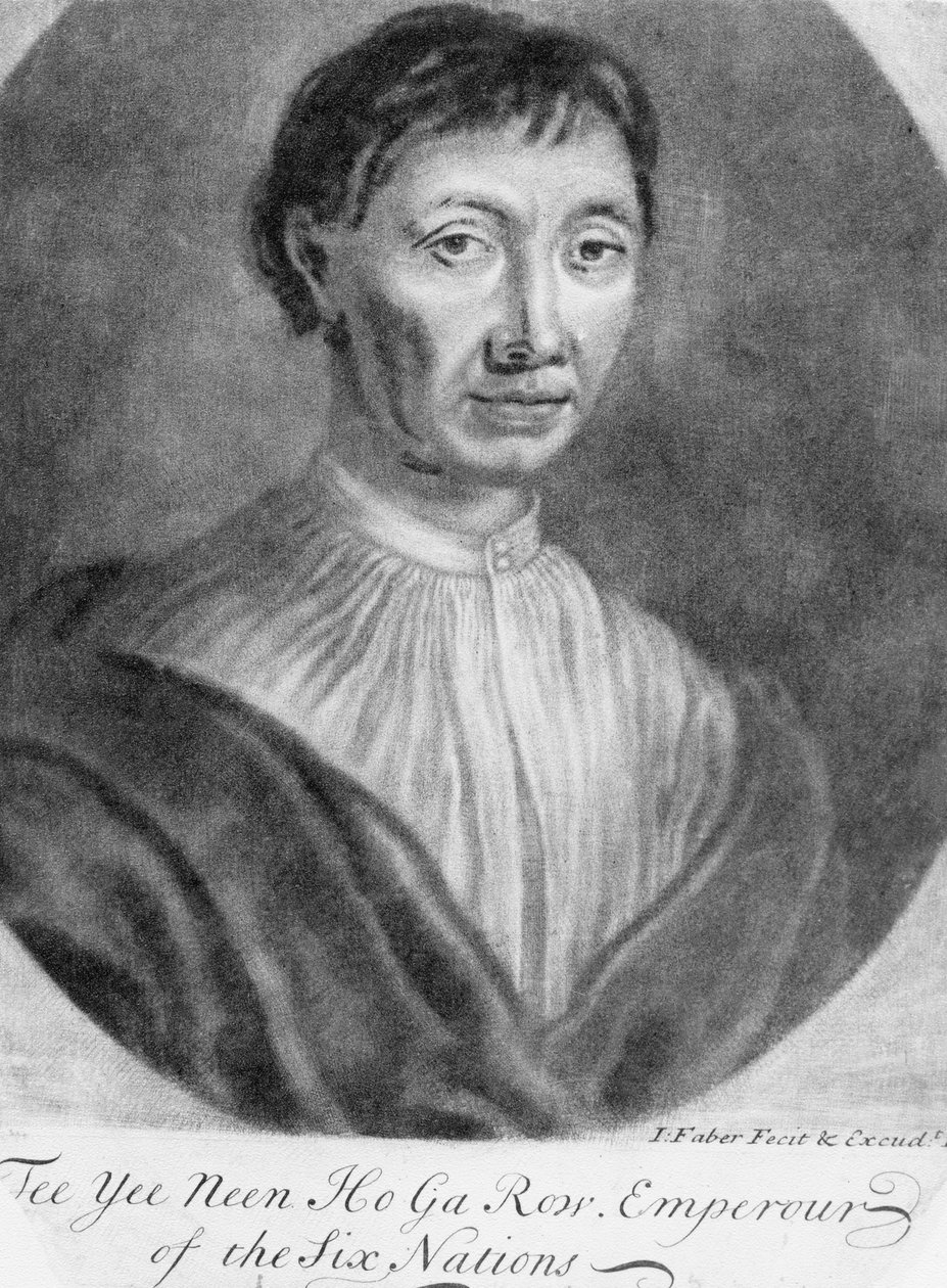 Porträtt av Tee Yee Neen Ho Ga Row, kejsare av de sex nationerna (mezzotint) av English School