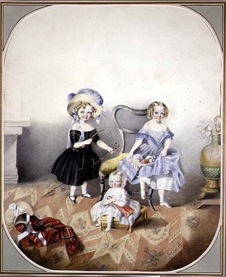 Porträtt av tre blåögda flickor i finklänning, ca 1840 (akvarell på papper) av English School