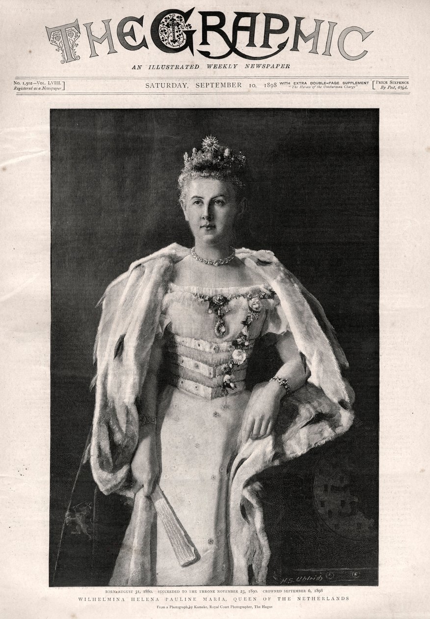 Porträtt av Wilhelmina av Nederländerna (1880-1962), Nederländernas drottning - Förstasidan av tidningen "" The Graphic" av English School