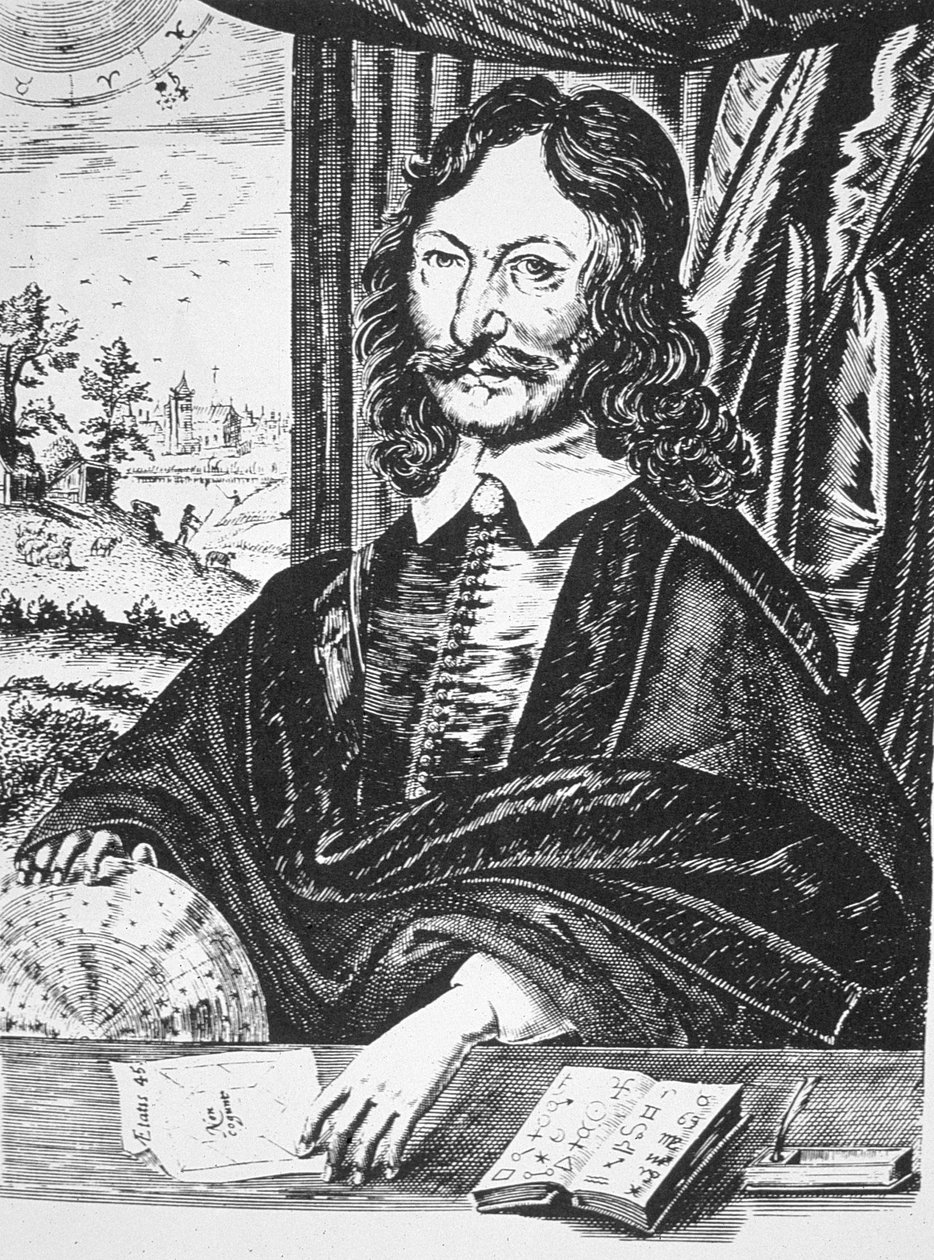 Porträtt av William Lilly (1602-81), från hans Christian Astrology, London 1647, illustrerad i History of Magic, publicerad i slutet av 1800-talet av English School