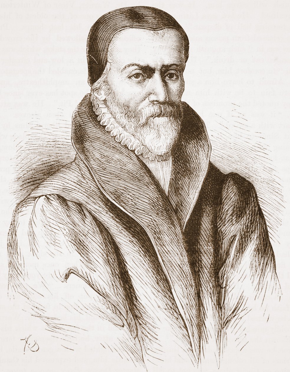 Porträtt av William Tyndale (från en gammal gravyr i Bibliotheque Nationale), illustration från The History of Protestantism av James Aitken Wylie (1808-1890), pub. 1878 av English School