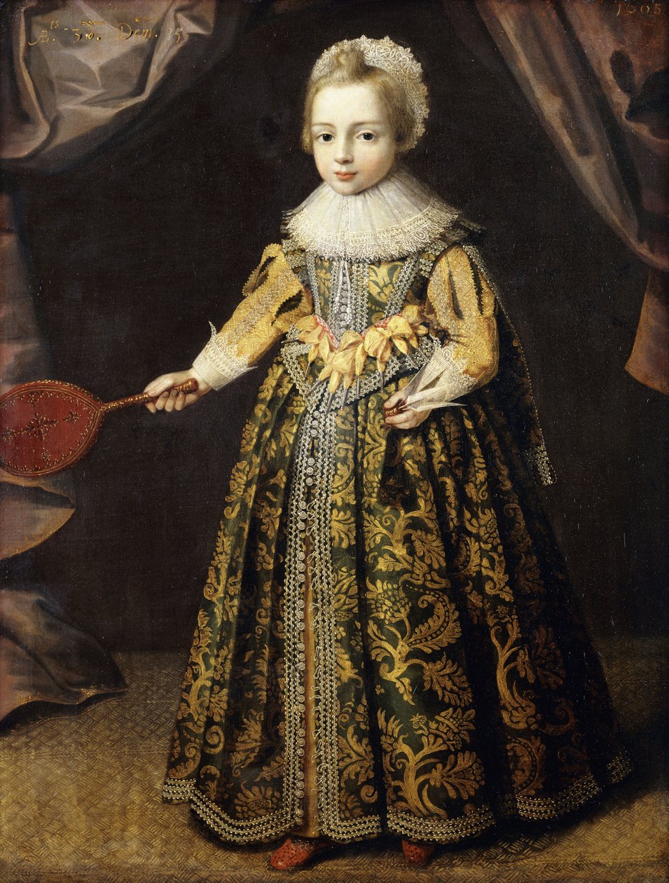 Porträtt av en pojke, 3 år, stående i full längd i en grön klänning broderad med guld, en spetsmössa och ruff, håller en Battledore och fjäderboll, 1605 av English School