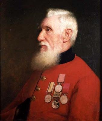 Porträtt av en Chelsea-pensionär som bär sina tjänstemedaljer (olja på duk) av English School